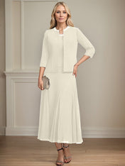 Separates A-line Scoop Tea-Length Chiffon Mother of the Bride Dress With Sequins Beading