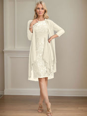 Sheath/Column Scoop Illusion Knee-Length Lace Chiffon Mother of the Bride Dress With Cascading Ruffles Sequins
