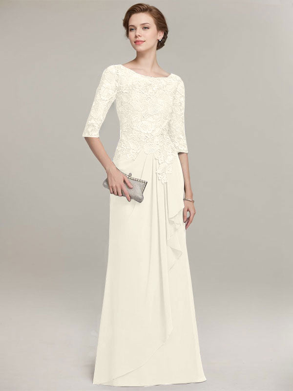 A-line Scoop Illusion Floor-Length Lace Chiffon Mother of the Bride Dress With Cascading Ruffles