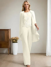 Separates Jumpsuit/Pantsuit Scoop Floor-Length Chiffon Lace Mother of the Bride Dress With Beading Sequins