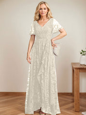A-Line V-Neck Asymmetrical Lace Mother of the Bride Dress With Cascading Ruffles