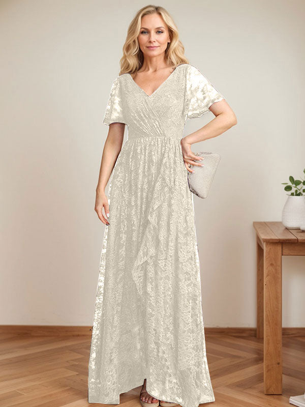 A-Line V-Neck Asymmetrical Lace Mother of the Bride Dress With Cascading Ruffles