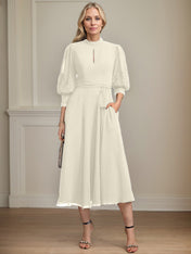 A-line High Neck Tea-Length Lace Chiffon Mother of the Bride Dress With Bow