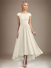 A-line Scoop Illusion Asymmetrical Lace Chiffon Mother of the Bride Dress With Pleated