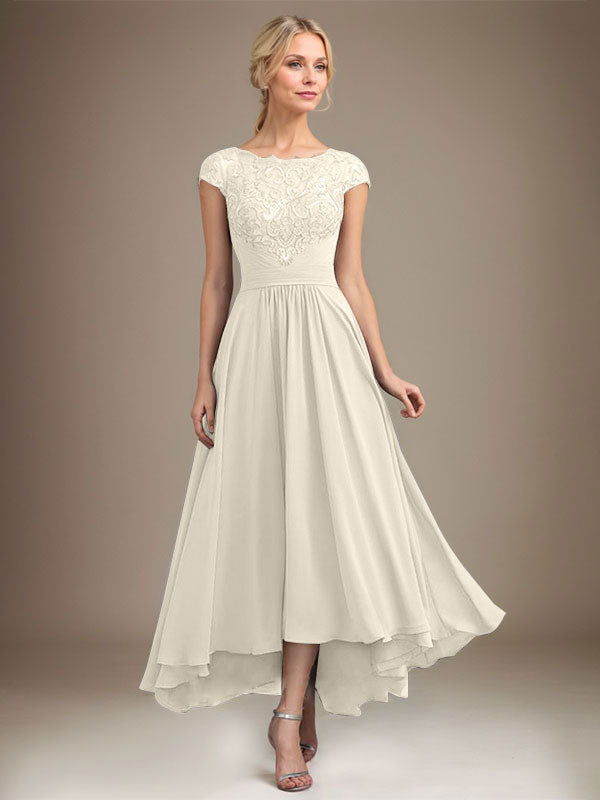 A-line Scoop Illusion Asymmetrical Lace Chiffon Mother of the Bride Dress With Pleated