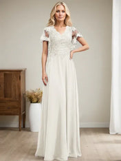 A-line V-Neck Floor-Length Lace Chiffon Mother of the Bride Dress With Sequins