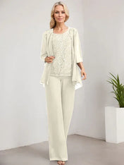 Separates Jumpsuit/Pantsuit Scoop Floor-Length Lace Chiffon Mother of the Bride Dress With Sequins