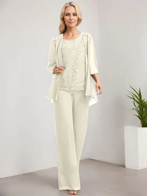 Pantsuit Scoop Floor-Length Lace Chiffon Mother of the Bride Dress With Sequins