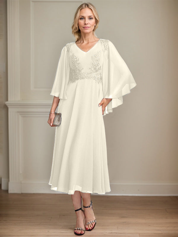 A-line V-Neck Tea-Length Chiffon Lace Mother of the Bride Dress With Beading Sequins
