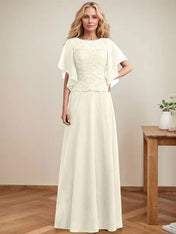 A-line Scoop Illusion Floor-Length Lace Chiffon Mother of the Bride Dress With Sequins