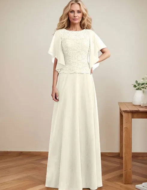 A-line Scoop Illusion Floor-Length Lace Chiffon Mother of the Bride Dress With Sequins