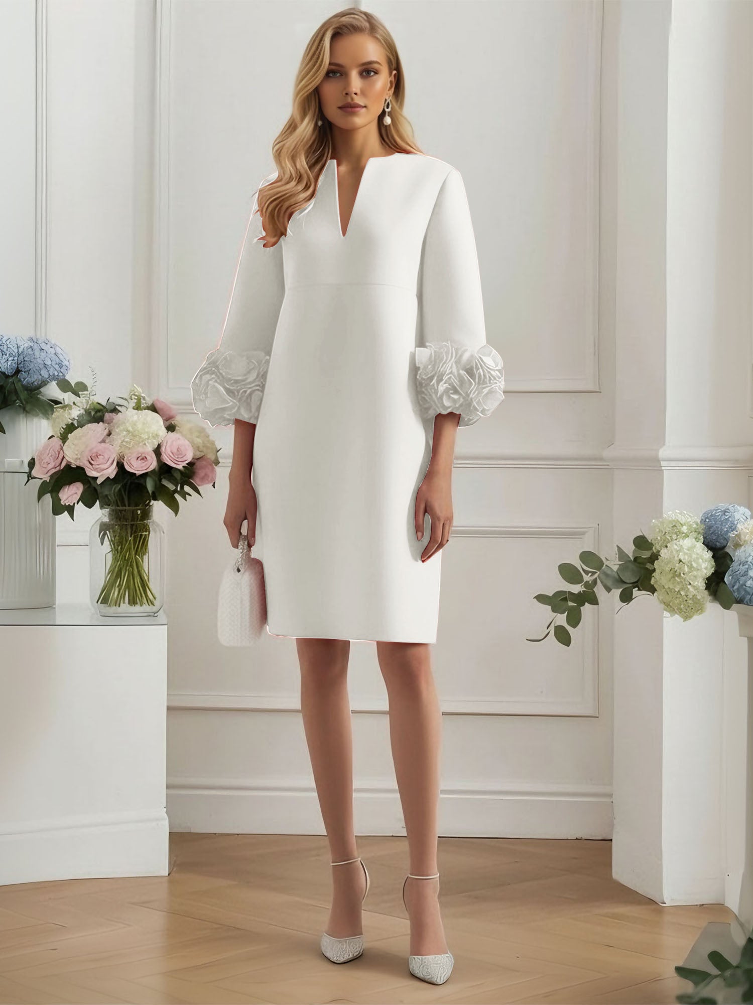 3D Floral Classic Notched Long Sleeve A-Line Midi Dress