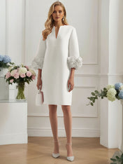 3D Floral Classic Notched Long Sleeve A-Line Midi Dress