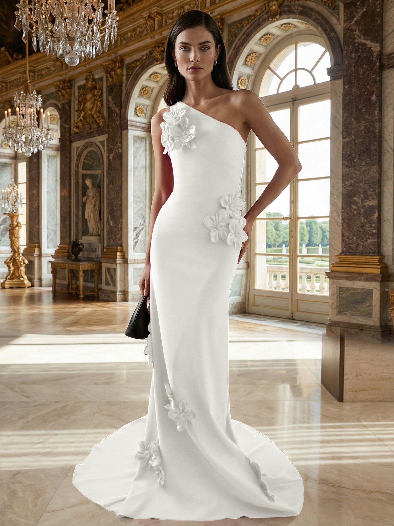 A Line One Shoulder Sleeveless Floor Length Stretch Crepe Dress With 3D Flowers