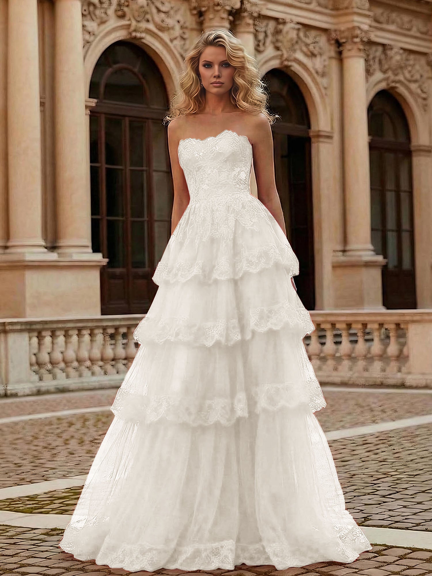 Red Tiered Tulle Strapless Lace Bodice A-Line Long Prom Dress