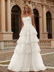 Red Tiered Tulle Strapless Lace Bodice A-Line Long Prom Dress