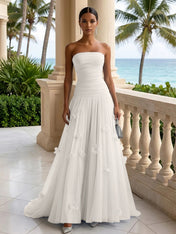 Light Blue Evening Dress with 3D Flower Strapless Pleat Maxi Dress