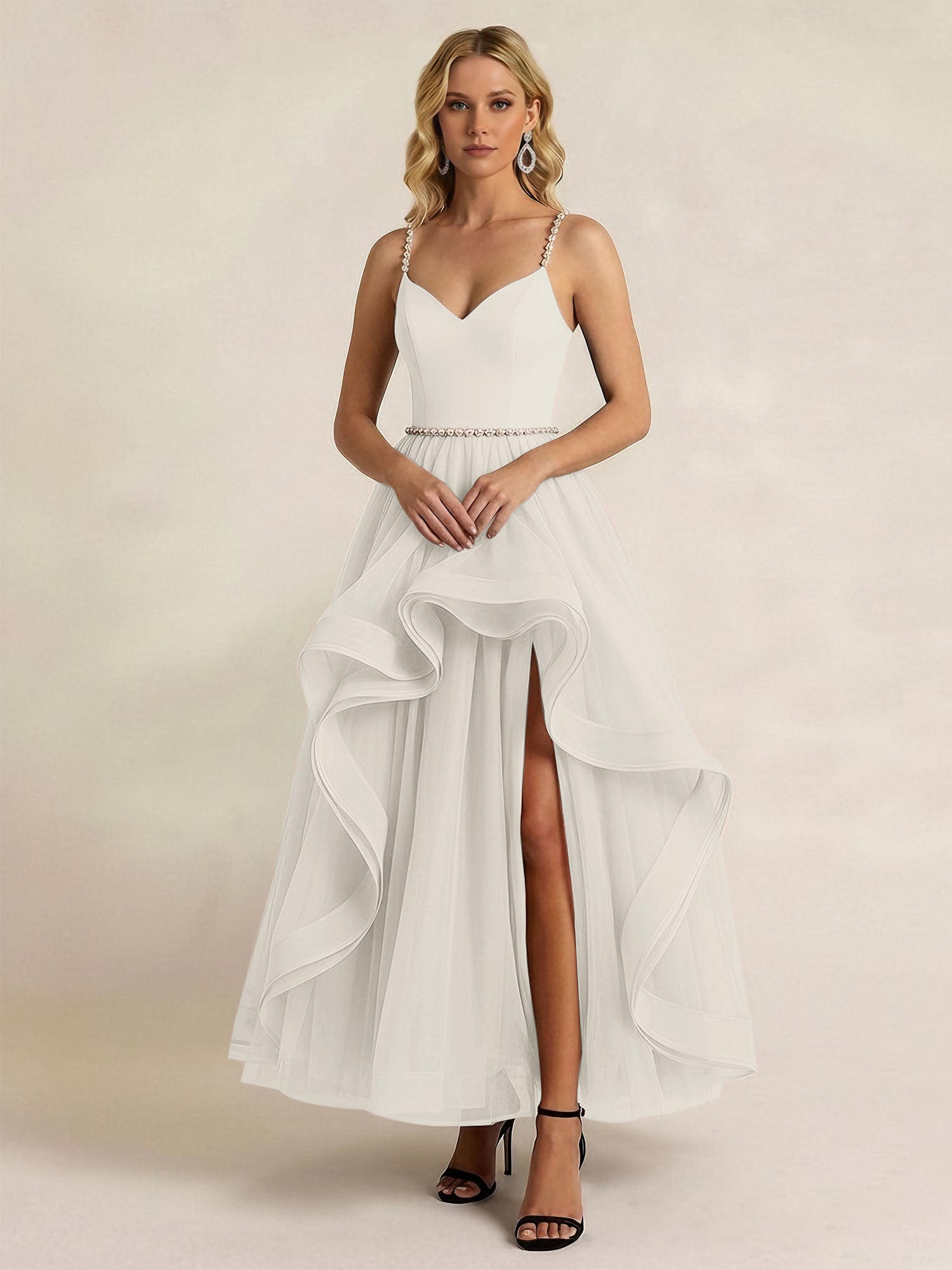 Black Tulle Ruffled A Line Long Formal Dress with Slit