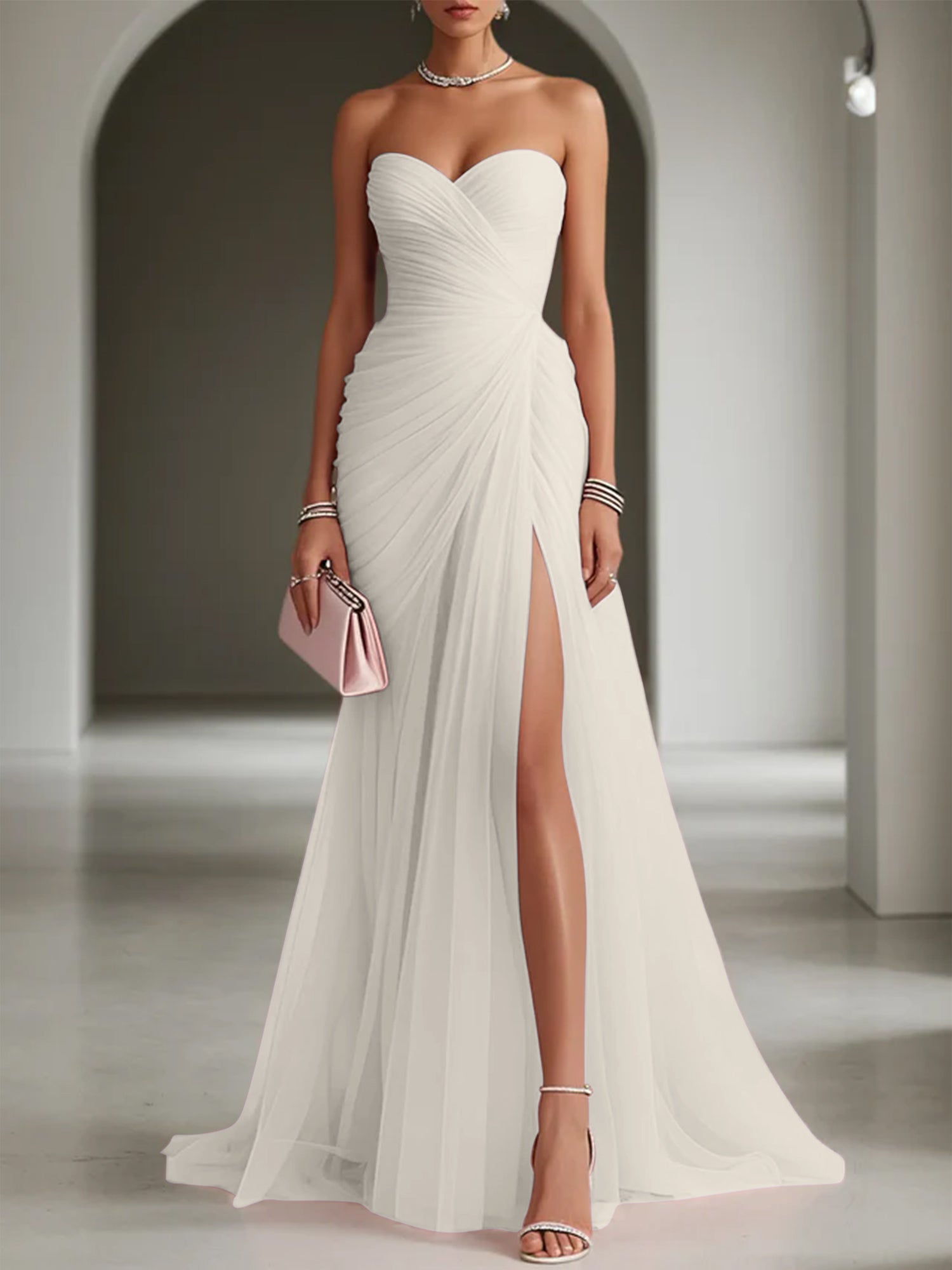 Pink Ruched Slit Tulle Strapless Sleeveless Sheath Gown Dress