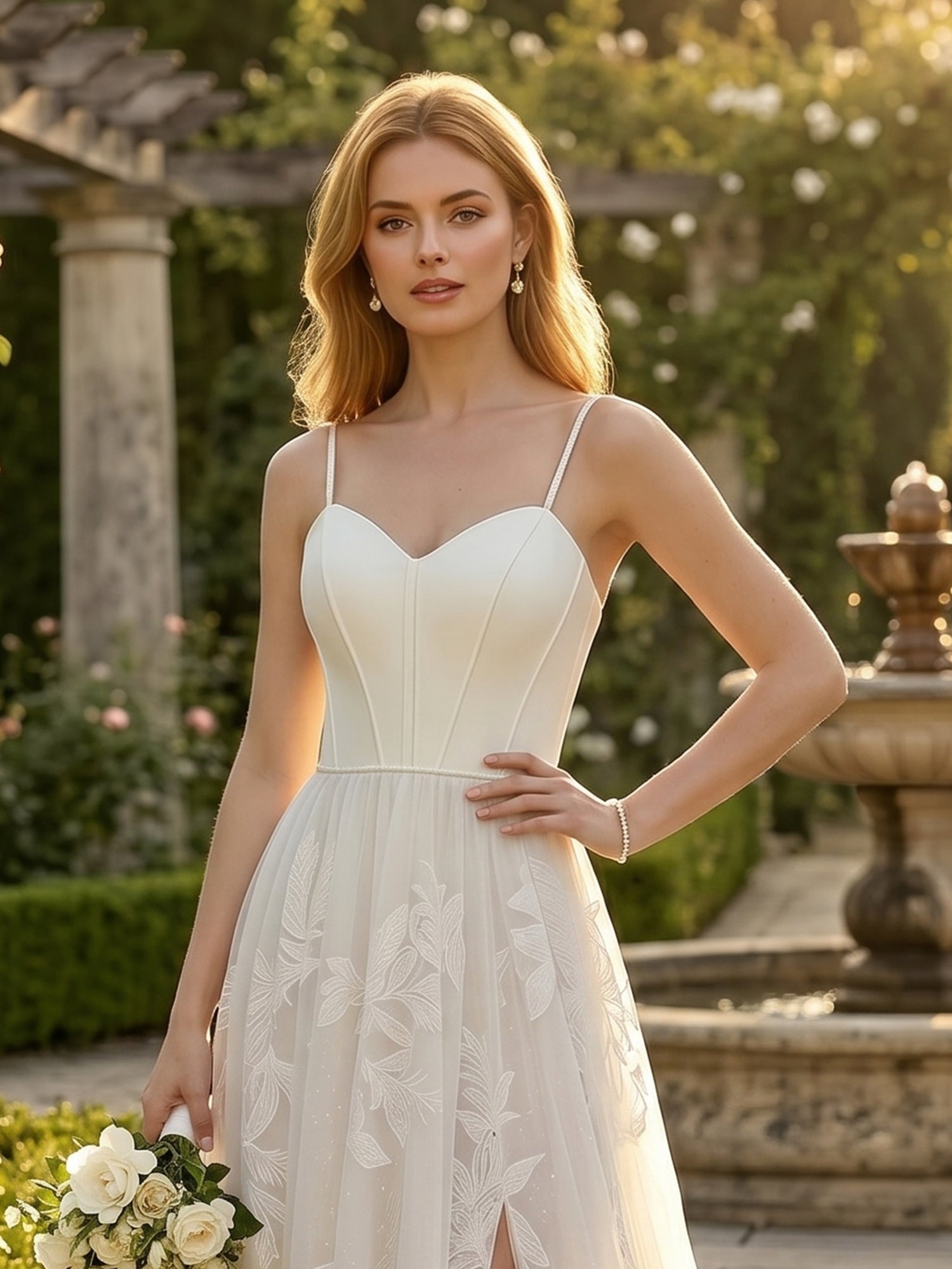Ivory Botanical Embroidered Slit A-Line Wedding Dress
