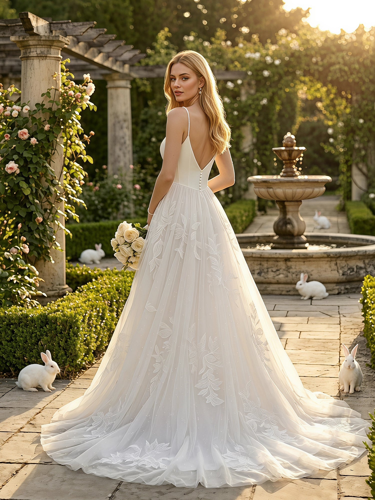 Ivory Botanical Embroidered Slit A-Line Wedding Dress