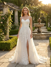 Ivory Botanical Embroidered Slit A-Line Wedding Dress