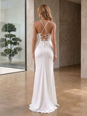 Ivory Cowl Neck Corset Slit Wedding Dress