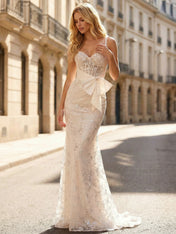 Ivory Lace Beaded Spaghetti Straps Corset Prom Dress with Satin Bow