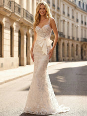 Ivory Lace Beaded Spaghetti Straps Corset Prom Dress with Satin Bow