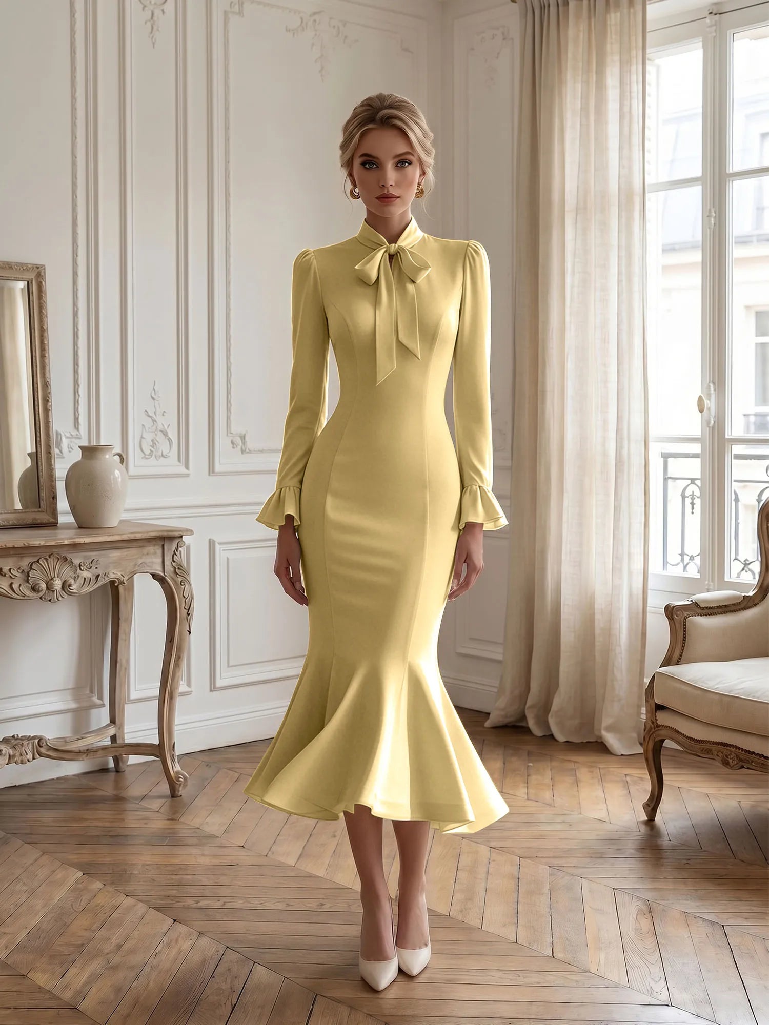 Ivory Mikado Satin Trumpet Gown  Ruffle Sleeves Formal Evening Dress