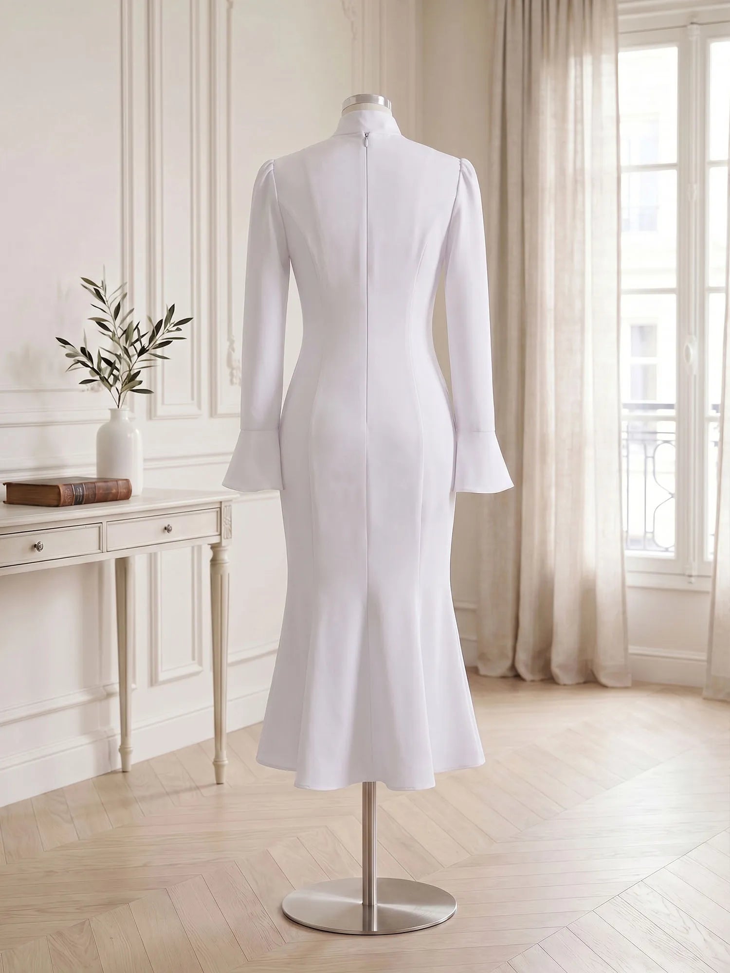Ivory Mikado Satin Trumpet Gown  Ruffle Sleeves Formal Evening Dress