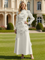 A Line High Neck Long Sleeves Stretch Crepe Dress With 3D Flowers