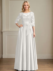 A-line Scoop Illusion Floor-Length Satin Lace Mother of the Bride Dress With Sequins Bow