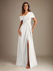 A-Line Asymmetrical Neckline Floor-Length Satin Mother of the Bride Dress With Pleated