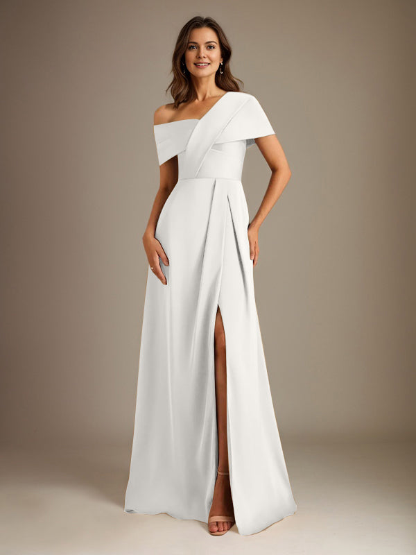 A-Line Asymmetrical Neckline Floor-Length Satin Mother of the Bride Dress With Pleated