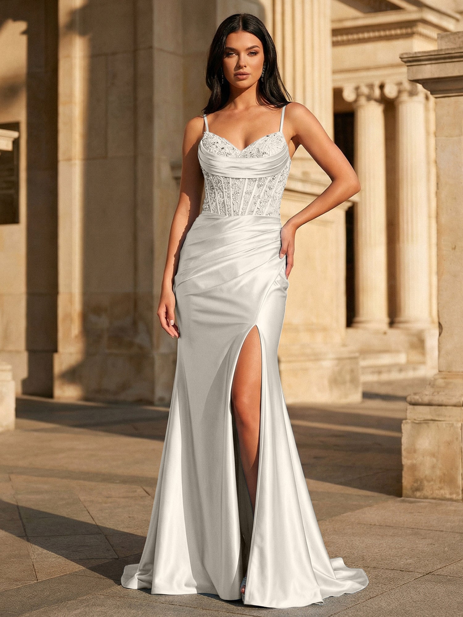Sky Blue Satin Corset Long Prom Dress with Draped Neckline