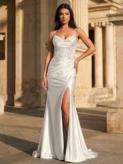 Sky Blue Satin Corset Long Prom Dress with Draped Neckline