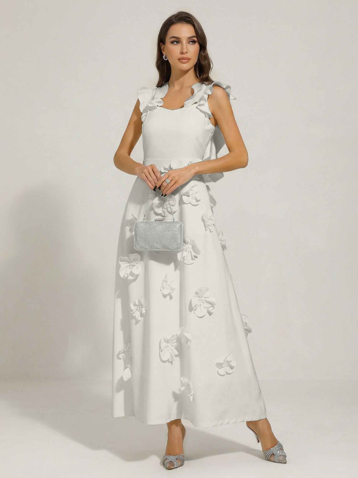 Chic White 3D Flowers A-Line Floor Length Stretch Crepe Dress with Pockets Maxi Dress