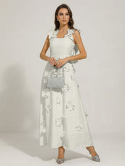 Chic White 3D Flowers A-Line Floor Length Stretch Crepe Dress with Pockets Maxi Dress