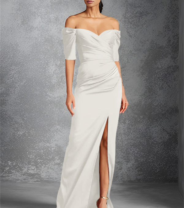 Column Off-the-Shoulder Short Sleeves Floor-Length Mother of the Bride Dresses With Split Front