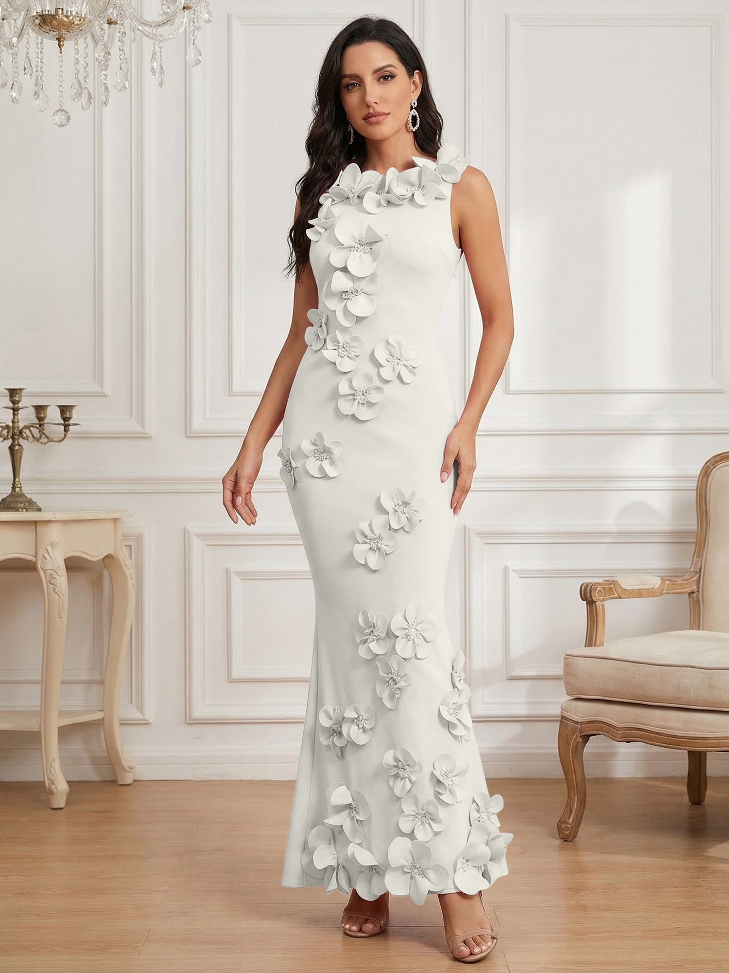 Romantic Pink Sleeveless 3D Floral Mermaid Gown