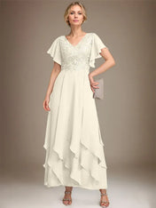 A-line V-Neck Ankle-Length Lace Chiffon Mother of the Bride Dress With Cascading Ruffles