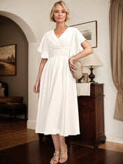 A-line V-Neck Tea-Length Chiffon Mother of the Bride Dress With Pleated Beading