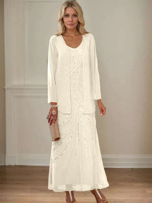 Robe de mère de la mariée fourreau/colonne, col en V, longueur cheville, avec veste et paillettes 