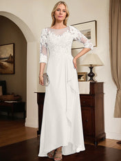 A-line Scoop Illusion Asymmetrical Lace Chiffon Mother of the Bride Dress With Sequins Cascading Ruffles