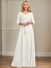 A-line V-Neck Floor-Length Chiffon Mother of the Bride Dress With Pleated Beading