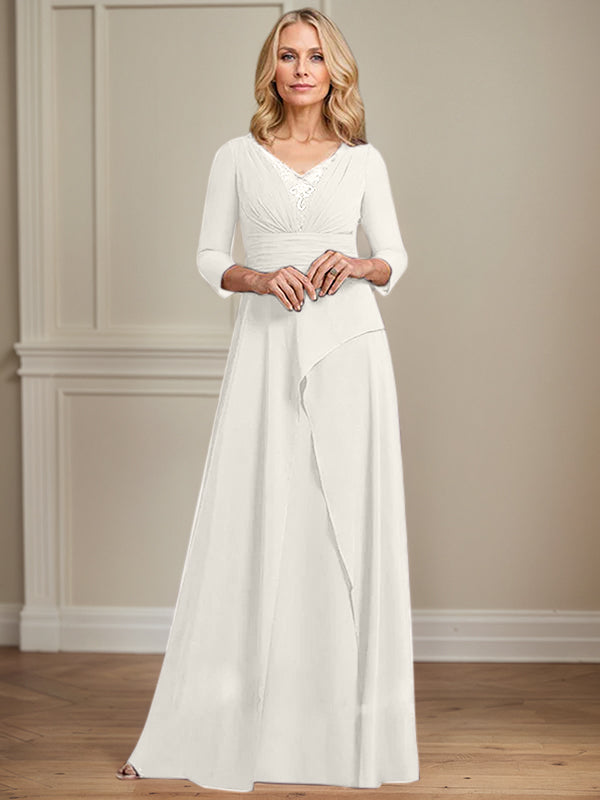 A-line V-Neck Floor-Length Chiffon Mother of the Bride Dress With Pleated Beading