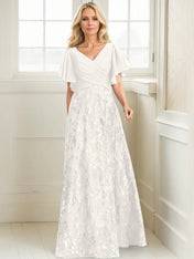 A-line V-Neck Floor-Length Lace Sequin Chiffon Mother of the Bride Dress With Pleated