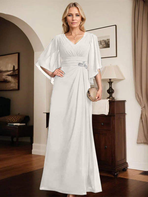 Robe de mère de la mariée fourreau/colonne, col en V, longueur au sol, en mousseline, avec paillettes plissées et perles 