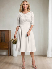 A-line Scoop Knee-Length Lace Chiffon Mother of the Bride Dress
